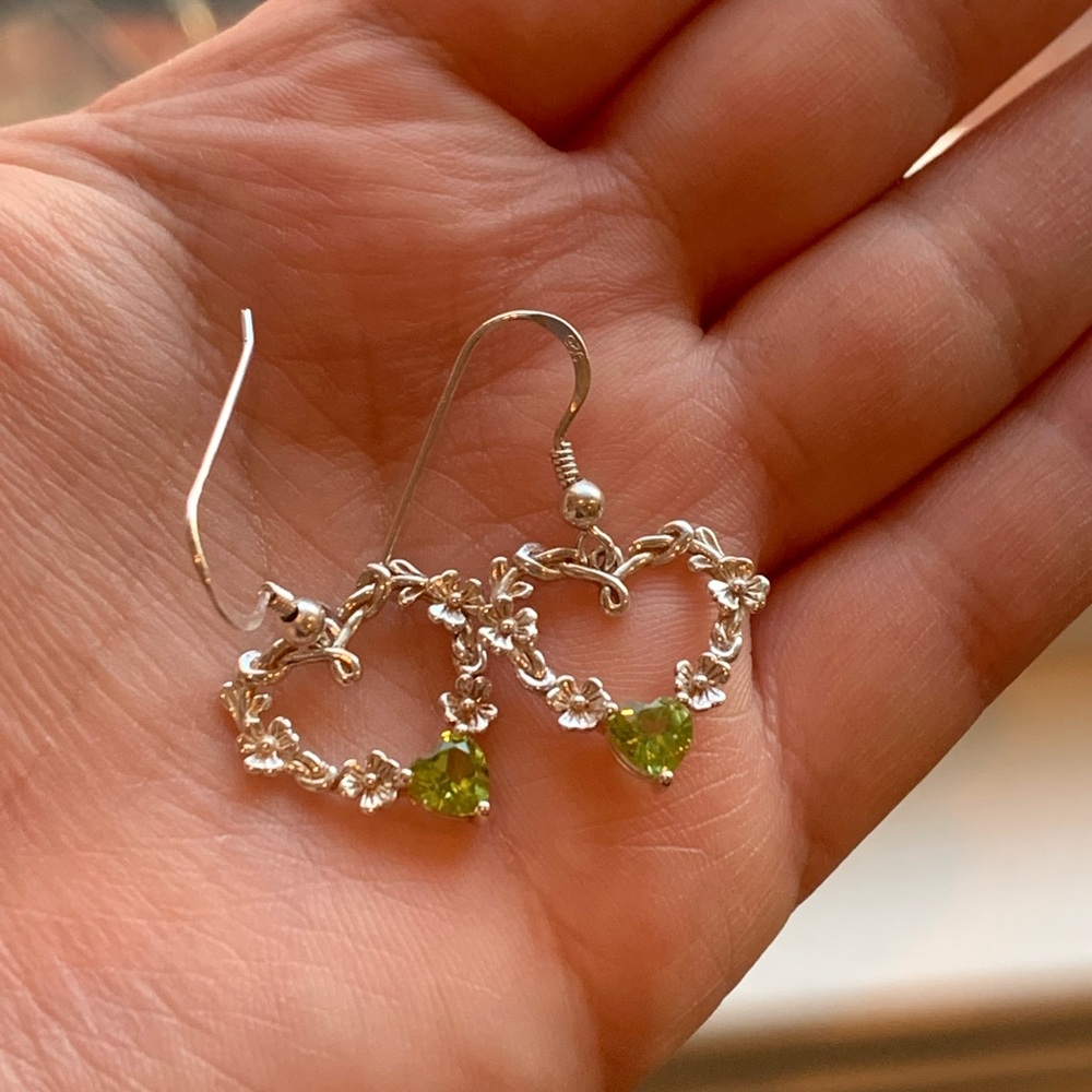 Sterling Silver and Peridot Floral Heart Earrings from Ireland
